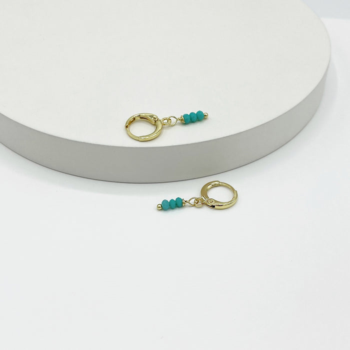 14k gold plated small hoop earrings with 3 stranded green beads