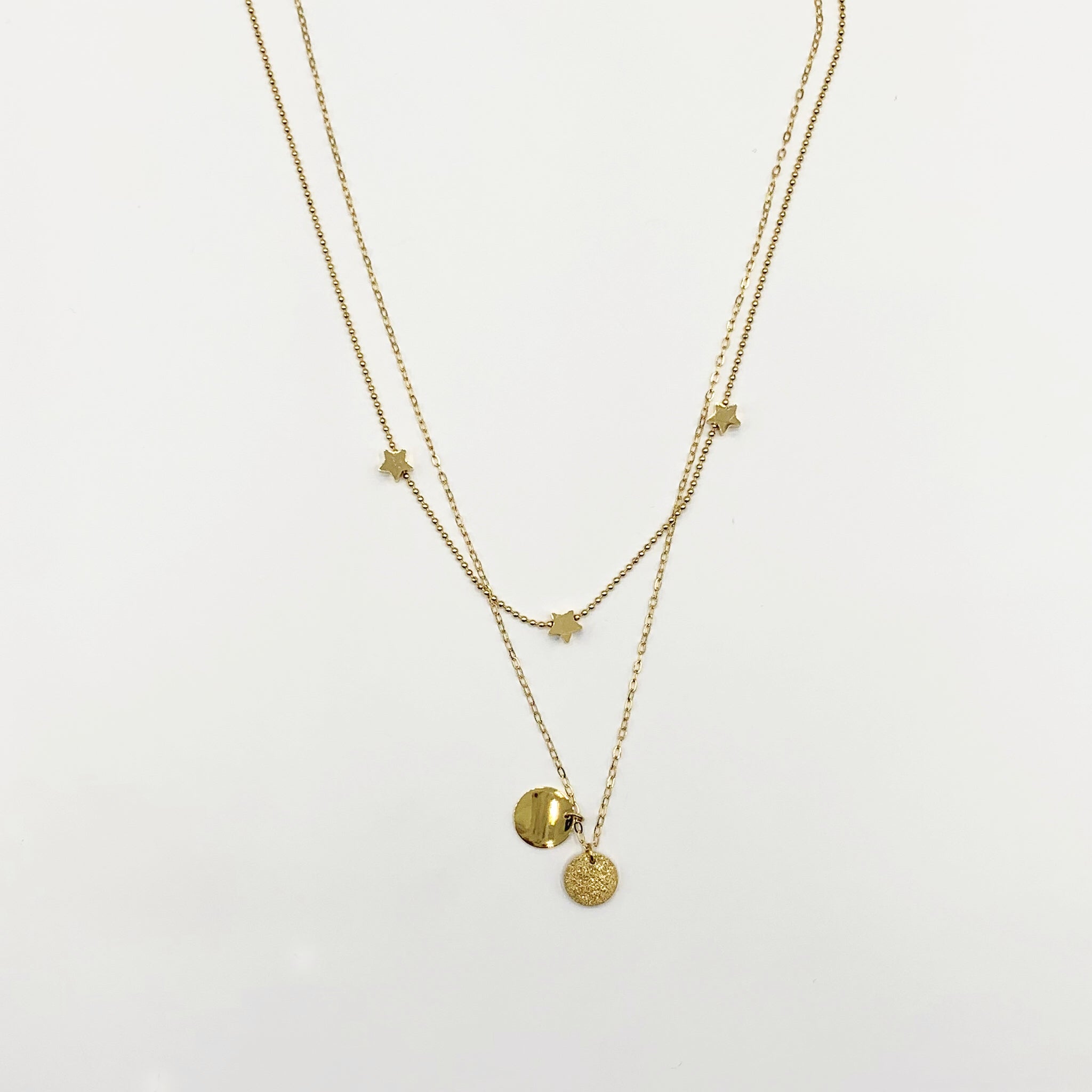 14k gold plated minimal double layer necklace with star a circle charms