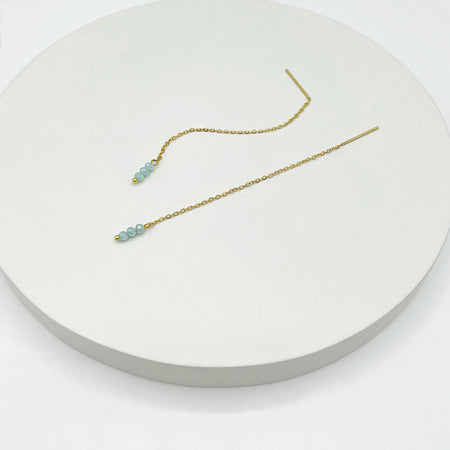 18k gold plated threader earrings with 3 small blue beads. Total length 10cm