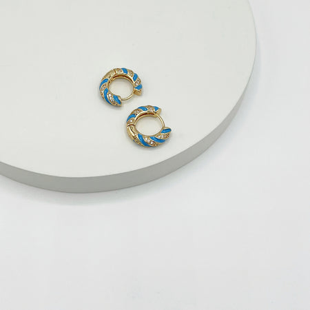 14k gold plate hoop earrings with blue enamel and stones. Length 1.7cm