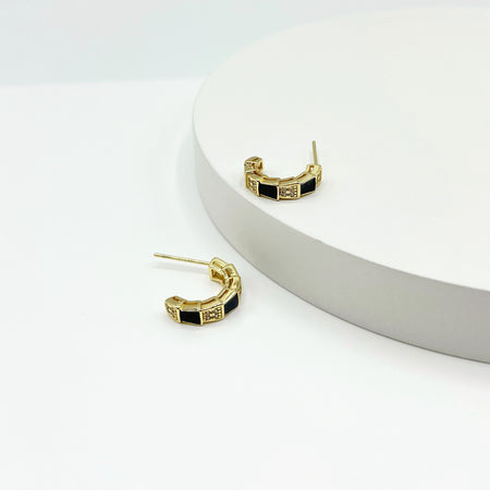 18k gold plated small half hoop earrings with black enamel 