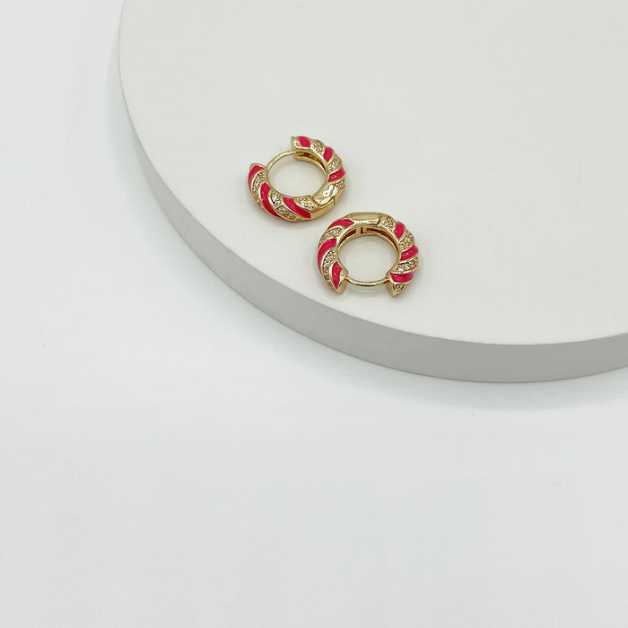 14k gold plated hoop earrings with cerise enamel and stones. Length 1.7cm