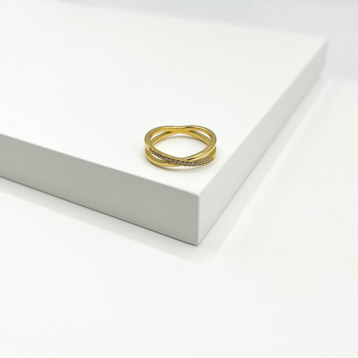 Halle 14k gold plated slim crossed band ring