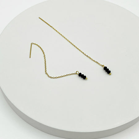 18k gold plated threader earrings with 3 small black beads