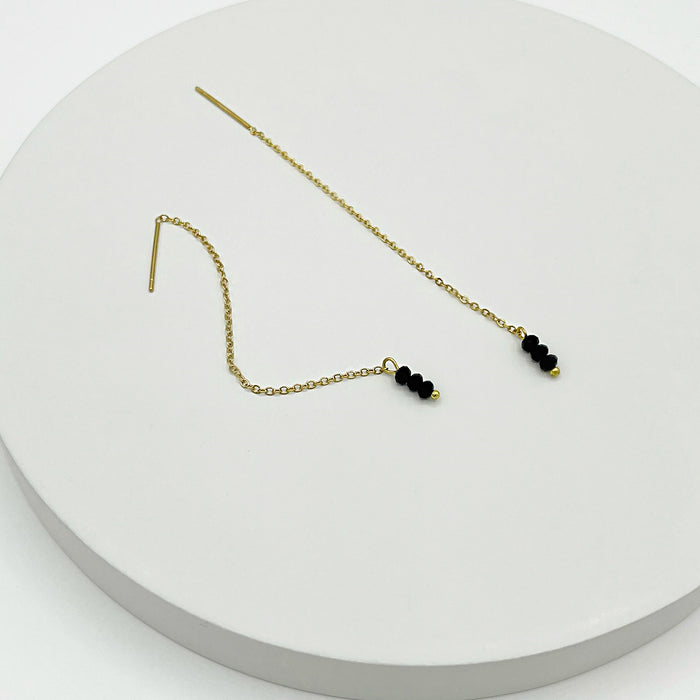 18k gold plated threader earrings with 3 small black beads