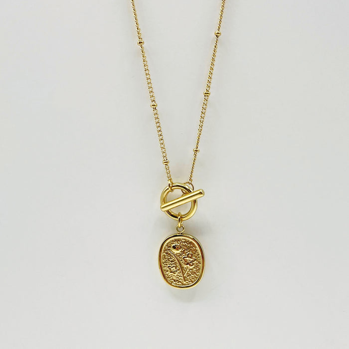 18k gold plated T bar pendant necklace with oval shape pendant 