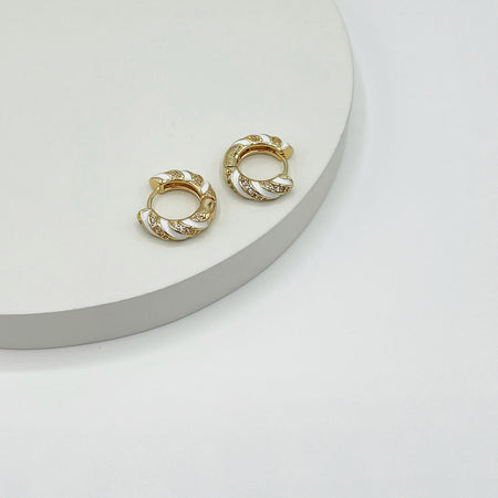 14k gold plated hoop earrings with white enamel and stones. Length 1.7cm