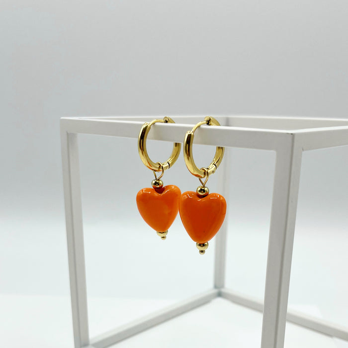 Katia 18k gold plated orange ceramic heart drop earrings