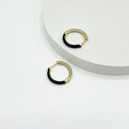 18k gold plated hoop earrings with black enamel and rhinestones. Length 2.4cm