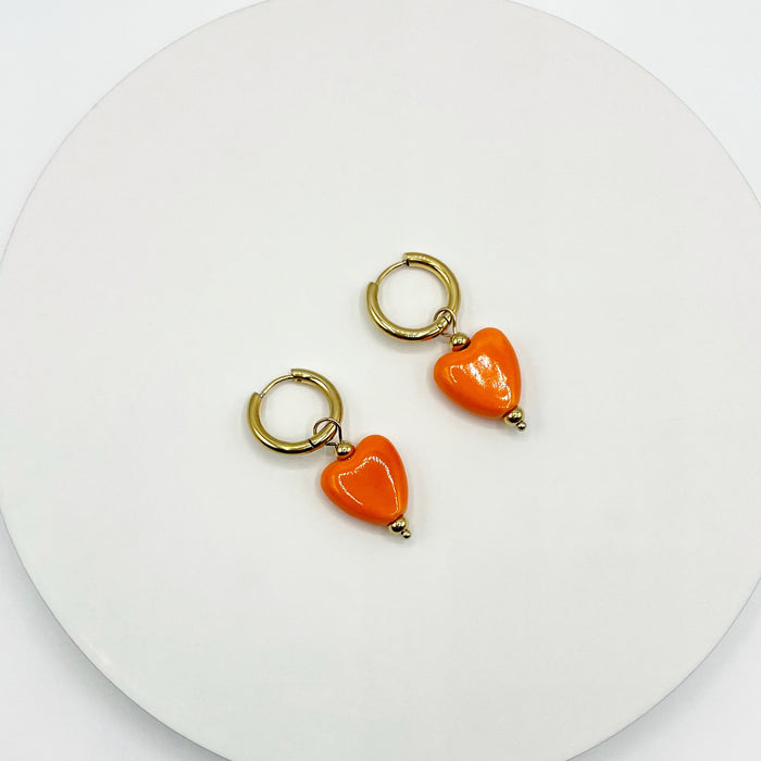 Katia 18k gold plated orange ceramic heart drop earrings