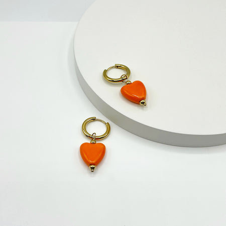 18k gold plated hoop earrings with orange ceramic drop heart charm