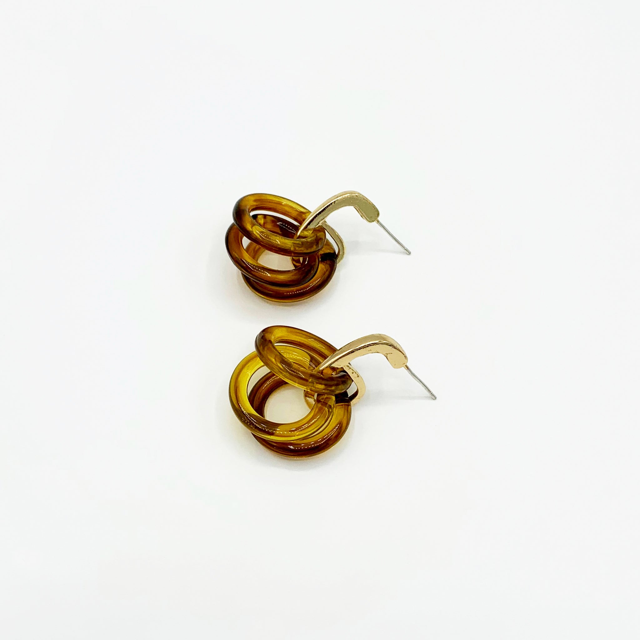 Gold drop earrings with amber colour triple acrylic hoops