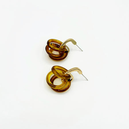 Gold drop earrings with amber colour triple acrylic hoops