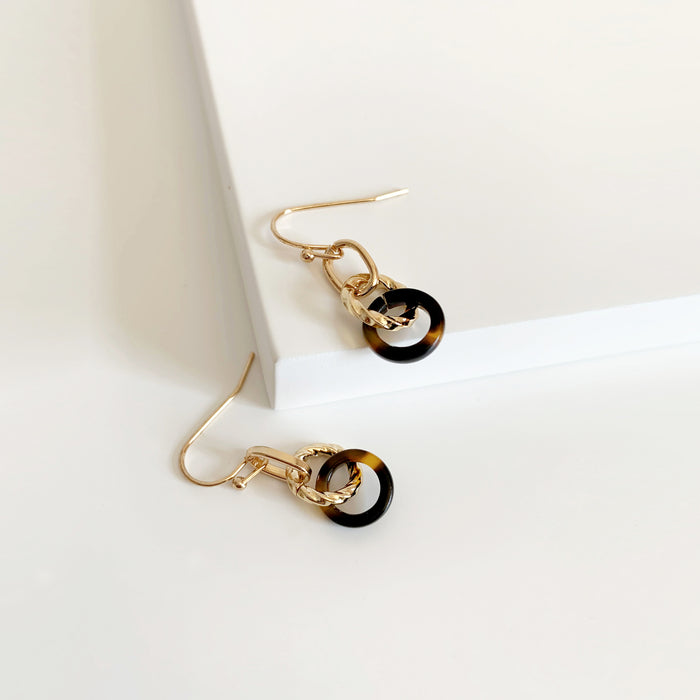 Dainty gold drop earrings with leopard acrylic hoop