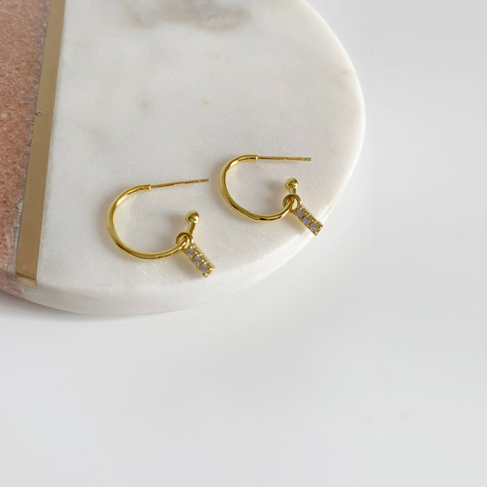 14k gold plated sterling silver mini hoops with minimal rhinestone drop