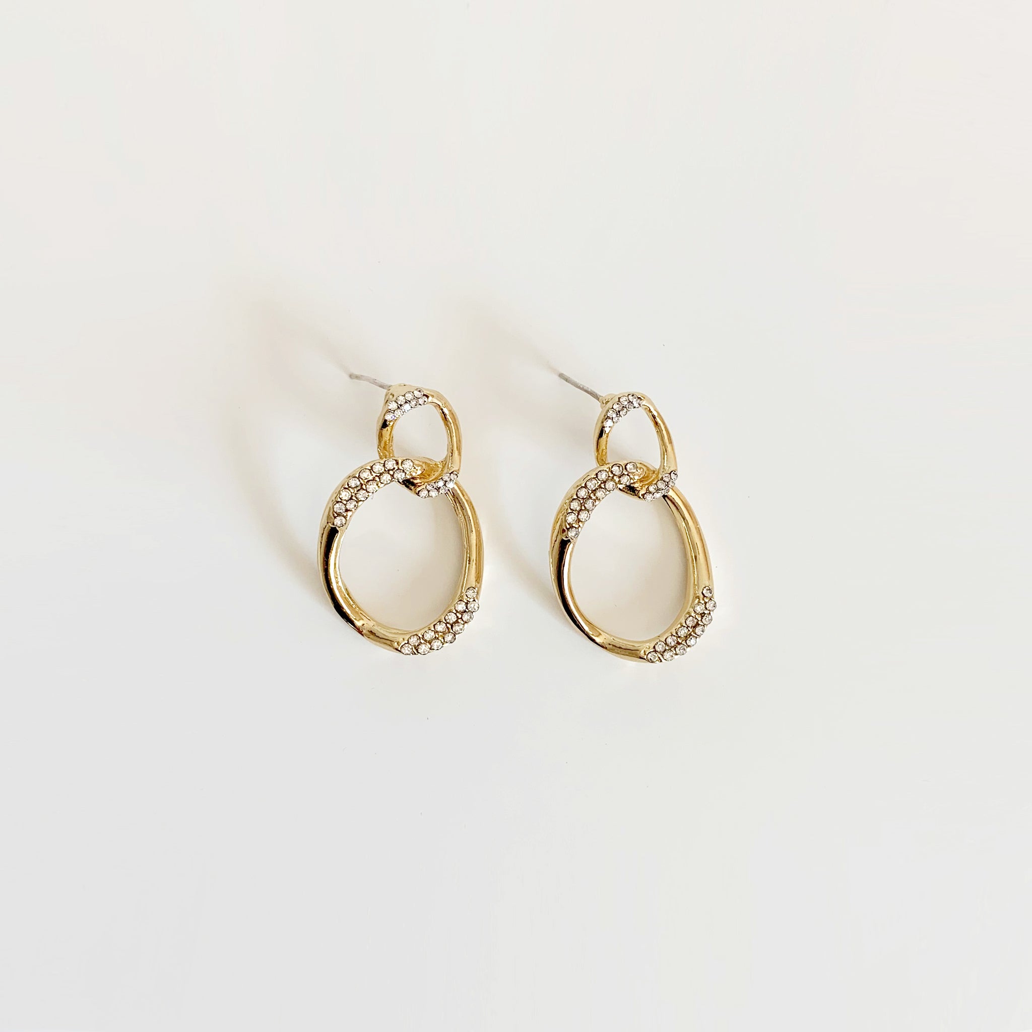 Gold fixed chain link drop earrings with rhinestones 