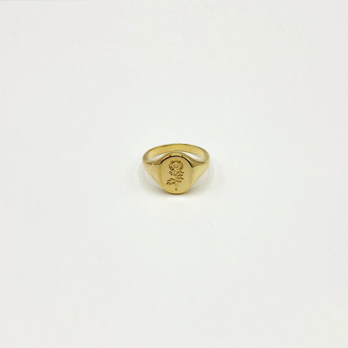 14k gold plated signet ring with floral design 