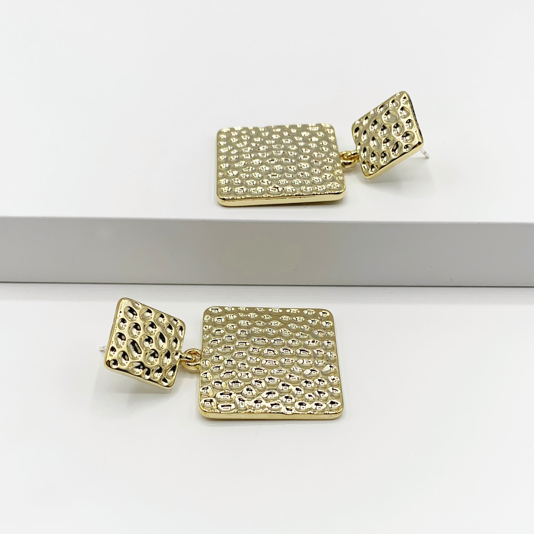 14k gold plated textured square drop earrings 