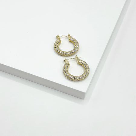 18k gold plated pave hoop earrings, medium size